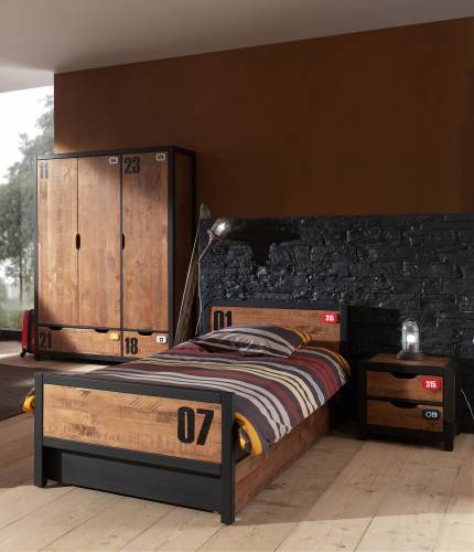 Set Mobila dormitor din lemn de pin si MDF - pentru copii 4 piese Alex Natural / Negru - 200 x 90 cm