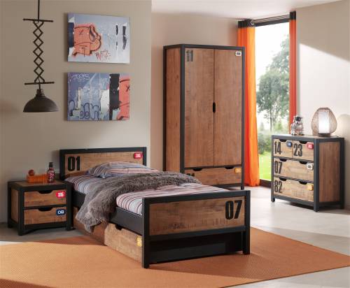 Set Mobila dormitor din lemn de pin si MDF - pentru copii 5 piese Alex Natural / Negru - 200 x 90 cm