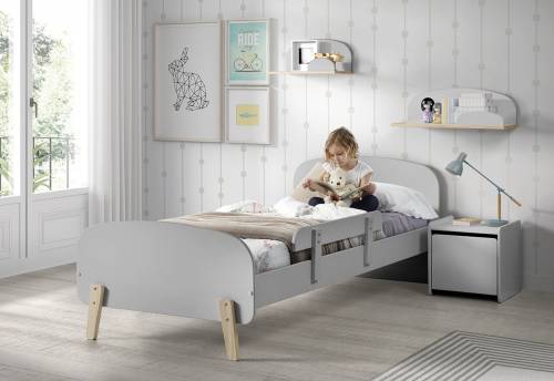 Set Mobila dormitor din lemn de pin si MDF - pentru copii 5 piese Kiddy Gri - 200 x 90 cm
