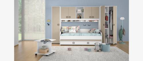 Set Mobila dormitor din pal - pentru copii - 6 piese - Kiki Alb / Nude - 200 x 90 cm