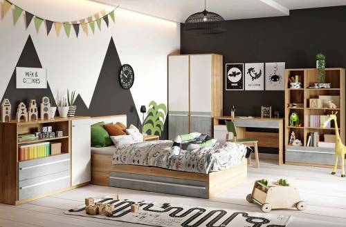Set Mobila dormitor din pal - pentru copii - 6 piese - Plano Stejar / Gri / Alb - 200 x 120 cm