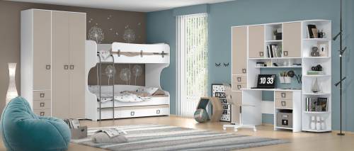 Set Mobila dormitor din pal - pentru copii - 7 piese - Kiki Alb / Nude - 200 x 90 cm