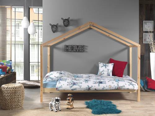 Pat din lemn de pin pentru copii tip casuta Dallas House Natural - 200 x 90 cm
