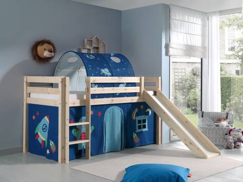 Pat etajat din lemn de pin - cu tunel si tobogan pentru copii Pino Astro Natural - 200 x 90 cm