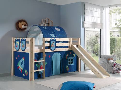 Pat etajat din lemn de pin - cu tunel si tobogan pentru copii Pino Plus Astro Natural - 200 x 90 cm