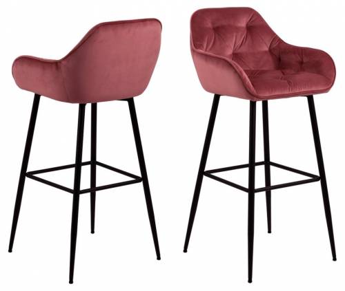 Set 2 scaune de bar tapitate cu stofa si picioare metalice Brooke Velvet Roz Inchis / Negru - l52xA53xH104 cm