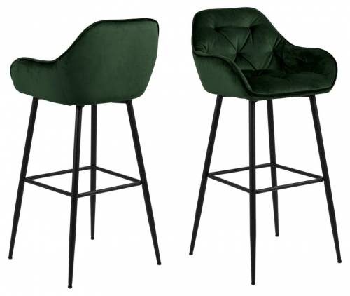 Set 2 scaune de bar tapitate cu stofa si picioare metalice - Brooke Velvet Verde / Negru - l52xA53xH104 cm