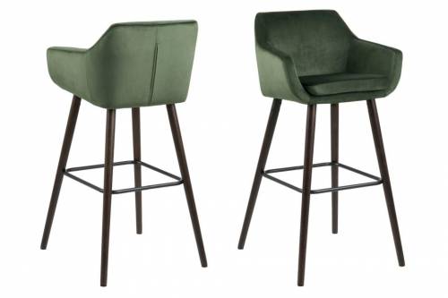 Set 2 scaune de bar tapitate cu stofa si picioare din lemn Nora Velvet Verde / Maro Inchis - l55xA54xH101 cm