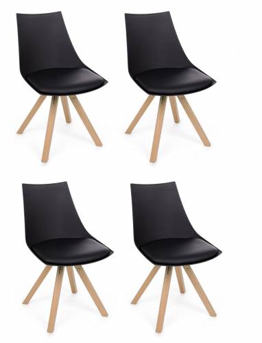Set 4 scaune din plastic - sezut tapitat cu piele ecologica si picioare din lemn - Mayer Negru / Natural - l53xA47 - 5xH78 - 5 cm