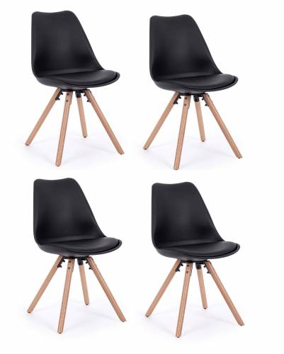 Set 4 scaune din plastic cu sezut tapitat cu piele ecologica si picioare din lemn - New Trend Negru / Natural - l54xA49xH83 - 5 cm
