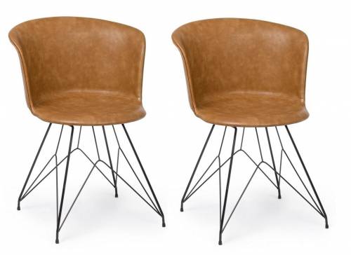 Set 2 scaune tapitate cu piele ecologica si picioare metalice Loft Maro / Negru - l56xA54xH76 cm
