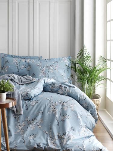 Lenjerie de pat din bumbac Ranforce - Chicory Albastru / Alb - 200 x 220 cm