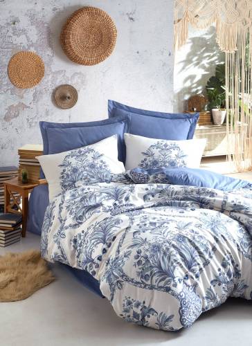 Lenjerie de pat din bumbac Ranforce - Egina Albastru / Alb - 200 x 220 cm