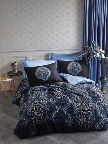 Lenjerie de pat din bumbac Satinat Glory Bleumarin / Bleu - 200 x 220 cm